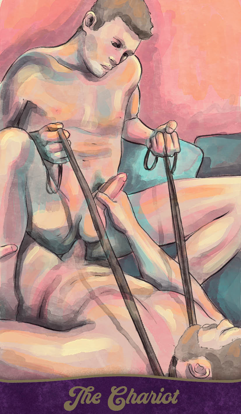 Artistic depiction of a tarot card titled 'The Chariot' with two shirtless men interacting.