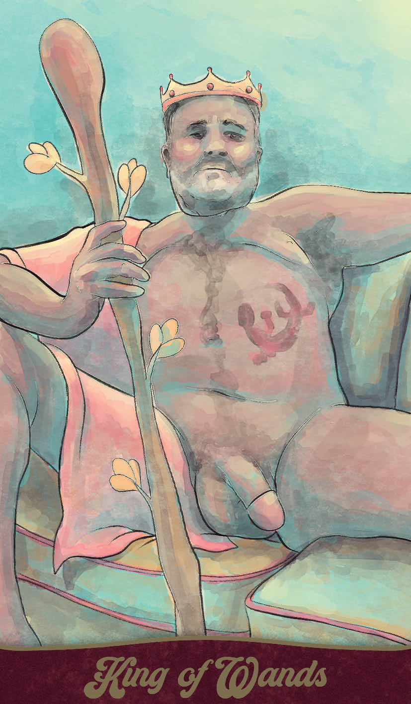 Illustration of a figure holding a club with a crown, sitting on a throne, and labeled 'King of Wands'.