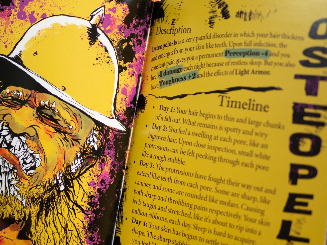 Book open to a page with a colorful illustration of a bird and text on osteopetrosis.