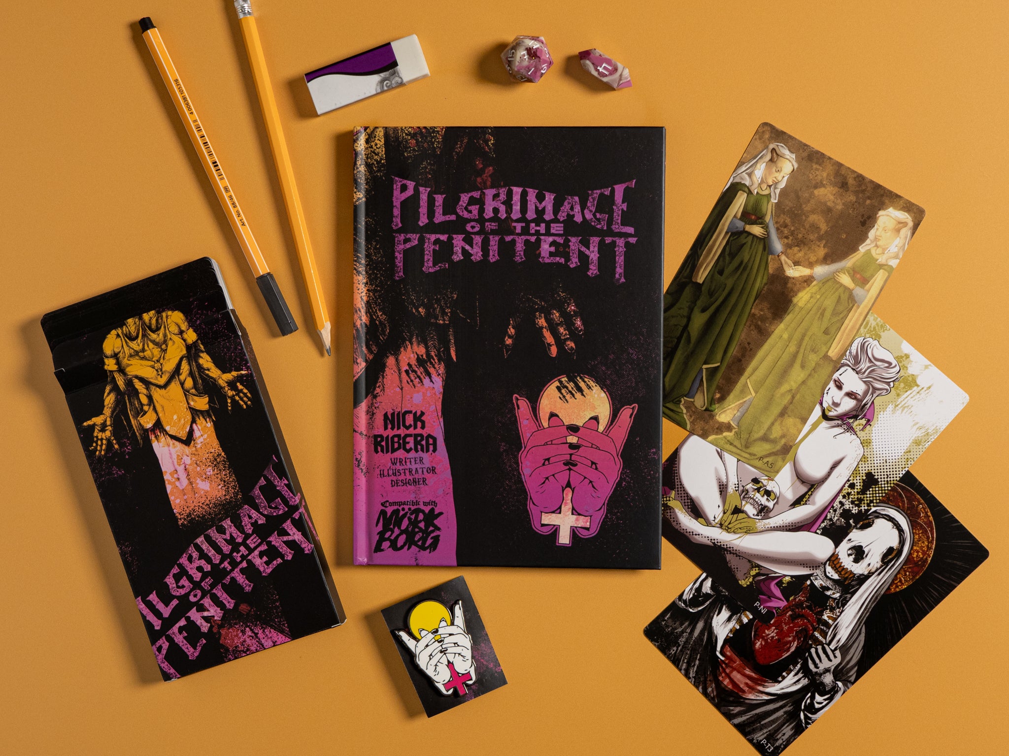 Books titled 'Pilgrimage of the Penitent' by Nick Rider and Mark Foss on a yellow background with pencils and cards.