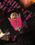 Pink hand with a yellow circle and black lines on a black card with text, against a dark background.