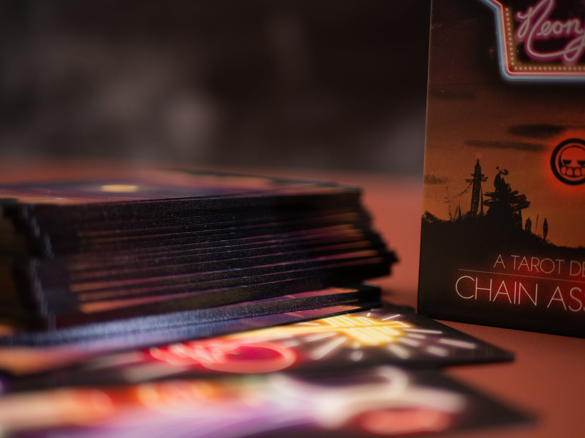 Neon tarot cards with a dark background