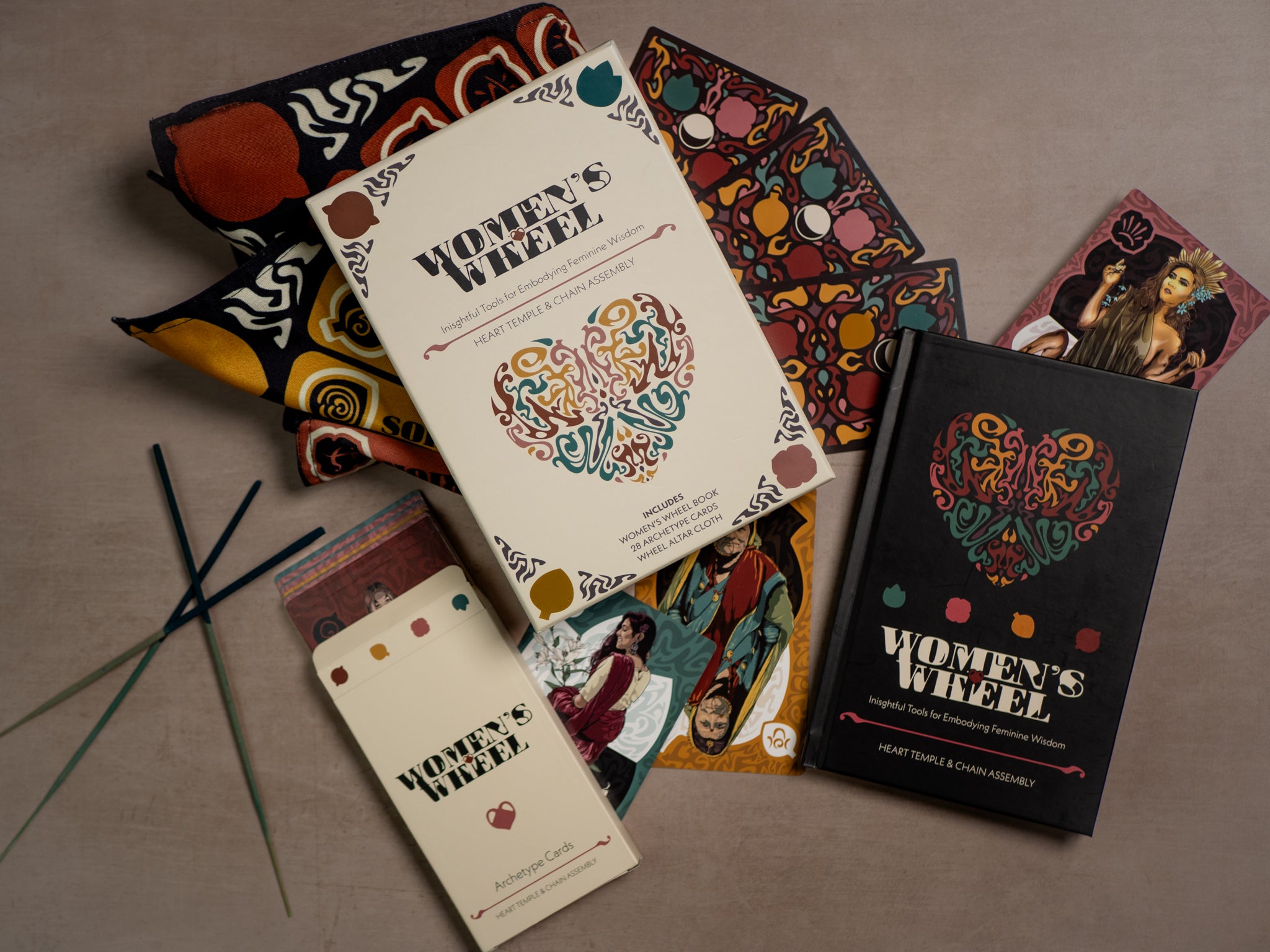 Collection of 'Women's Wheel' books and materials on a textured surface